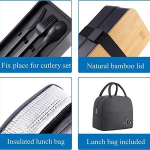 May include: A black lunch box with a natural bamboo lid, a matching cutlery set, and an insulated lunch bag. The lunch box has a strap for carrying.  "Fix place for cutlery set" and "Natural bamboo lid" are written below the images of the lunch box and lid. "Insulated lunch bag" and "Lunch bag included" are written below the images of the lunch bag.