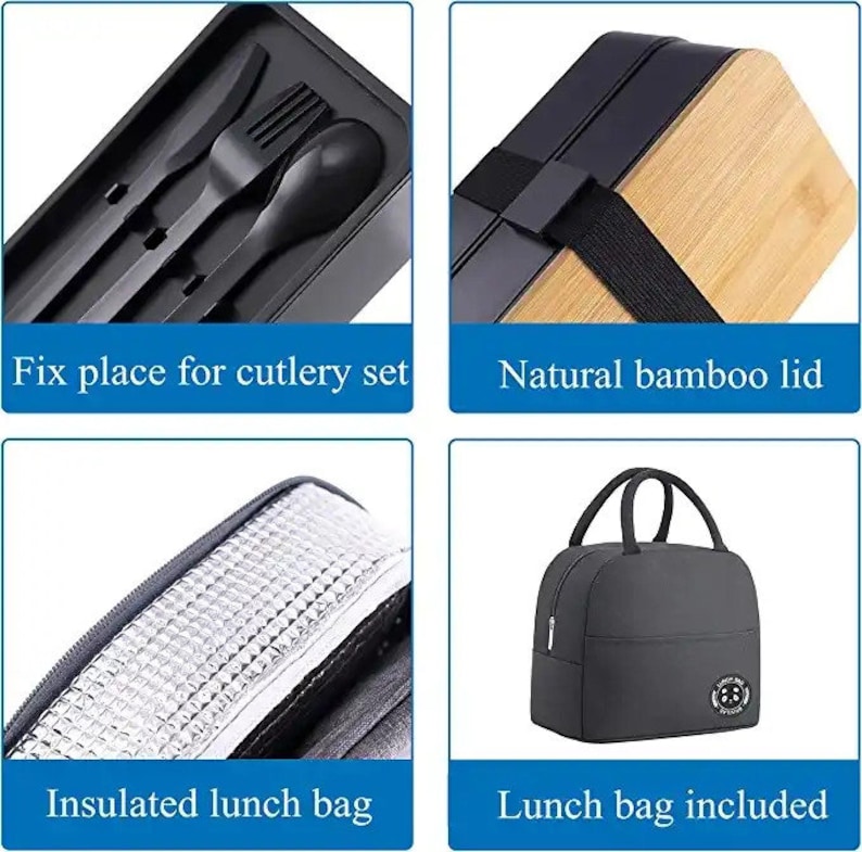 May include: A black lunch box with a natural bamboo lid, a matching cutlery set, and an insulated lunch bag. The lunch box has a strap for carrying.  "Fix place for cutlery set" and "Natural bamboo lid" are written below the images of the lunch box and lid. "Insulated lunch bag" and "Lunch bag included" are written below the images of the lunch bag.