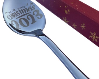 Personalised Christmas 2023 Spoon with Gift Box - Choose Your Colour Christmas Gift any text or logo engrave Xmas gift box