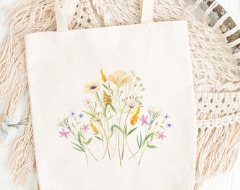Flower Tote Bag Wildflower Bouquet Tote Bag Spring Watercolor Floral Aesthetic Canvas Tote Bag Pressed Flower Water Color Botanical Flower