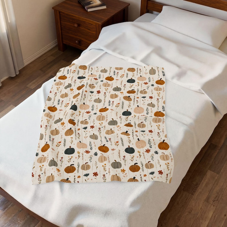 ボヘミアン風秋のパンプキンブランケット、秋の葉のチェック柄ベルベット風プラッシュスロー、心地よい感謝祭の装飾 画像 7