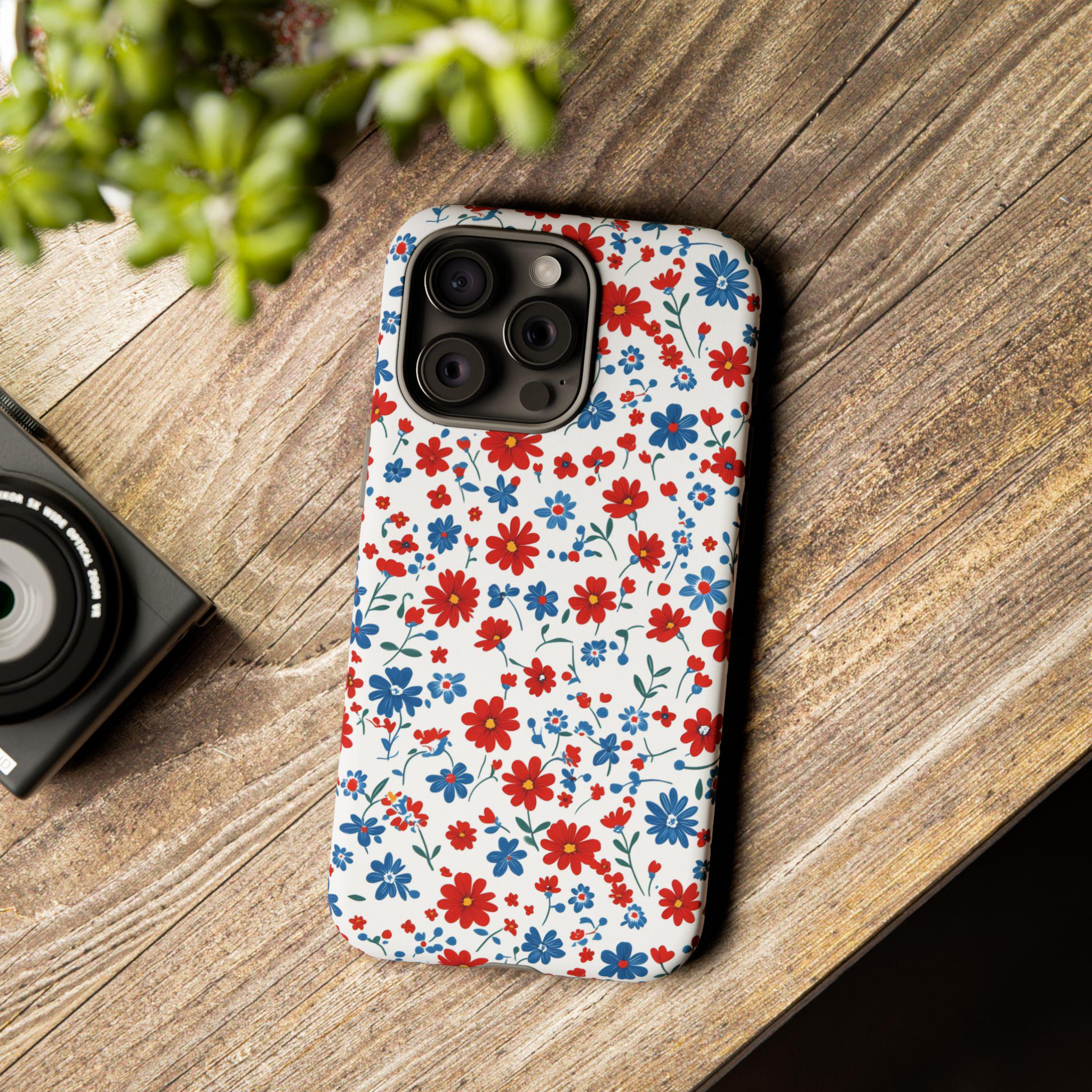 Red White Blue Ditsy Flowers Phone Case Floral Independence Day Tough Case, Summer Flowers iPhone Samsung Pixel, Fourth of July Summer