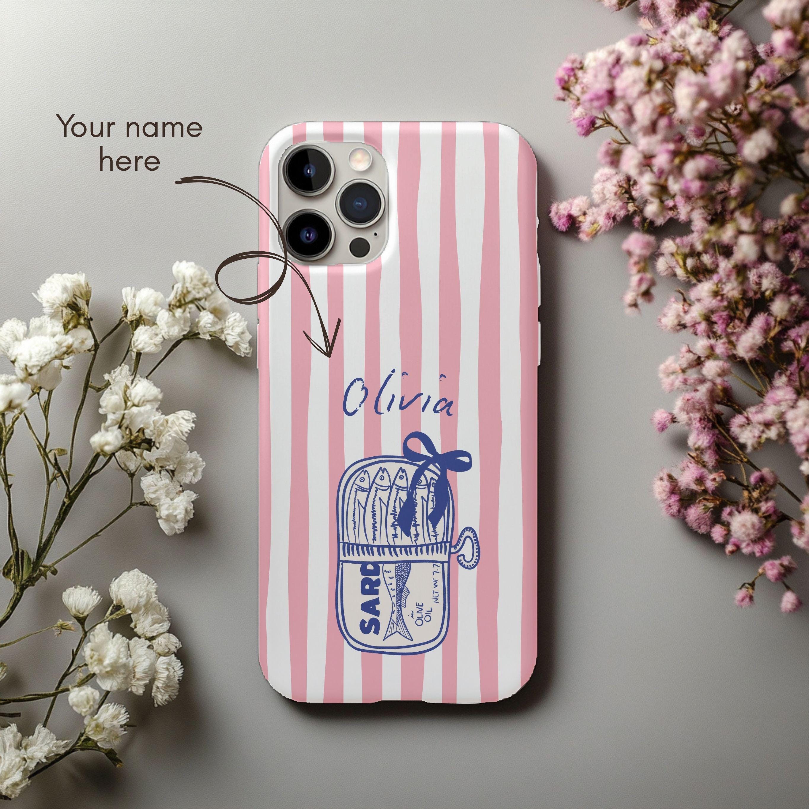 Name Phone Case, Custom Les Sardines Italian Summer Fisherman Aesthetic, Pink Retro Monogram iPhone Case, Trendy Phone Case Gift for  her