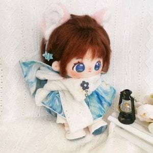 20cm Reversible Kawaii Cloak Plush Doll Suit, White Hair Plush Doll, cloak+shirt+overalls+shoes+hair clip