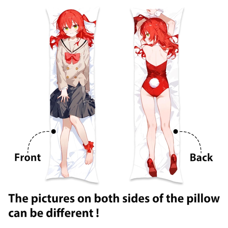May include: A long pillow with a red-haired anime character wearing a school uniform on the front and a red-haired anime character wearing a red bunny costume on the back.