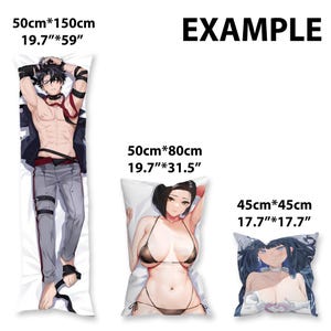 May include: Three different sizes of pillowcases with anime characters printed on them. The pillowcases are white with a black border. The largest pillowcase is 19.7 inches by 59 inches, the medium pillowcase is 19.7 inches by 31.5 inches, and the smallest pillowcase is 17.7 inches by 17.7 inches.