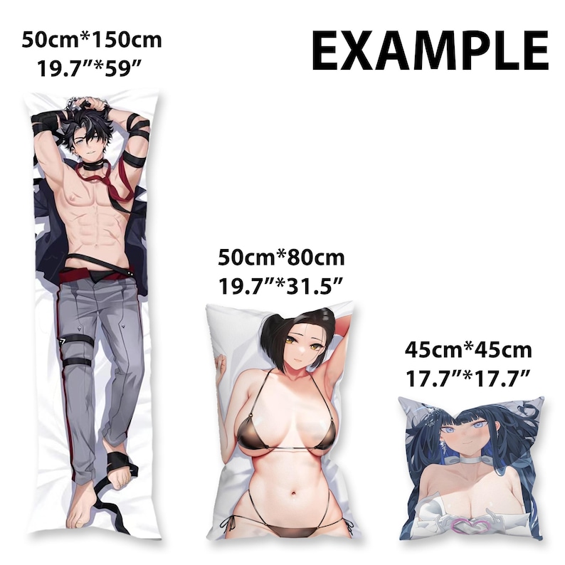 May include: Three different sizes of pillowcases with anime characters printed on them. The pillowcases are white with a black border. The largest pillowcase is 19.7 inches by 59 inches, the medium pillowcase is 19.7 inches by 31.5 inches, and the smallest pillowcase is 17.7 inches by 17.7 inches.
