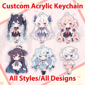Puede incluir: Llaveros acrílicos personalizados con personajes de estilo anime en varios colores y diseños. Los llaveros tienen un tema de uniforme de marinero. El texto de la imagen dice "Custom Acrylic Keychain" y "All Styles/All Designs."