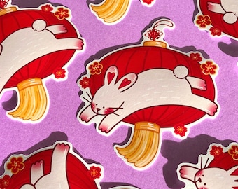 Lunar New Year Rabbit Sticker: Glossy Vinyl Lantern Bunny