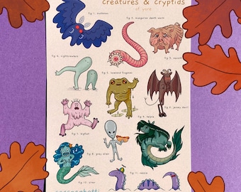 Scientific Cryptid Illustration Art Print | Mothman, Nessie, Nightcrawlers, Cryptozoology