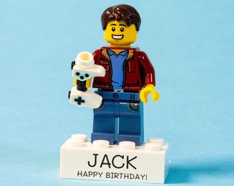 Personalised LEGO® Brick Minifig Custom Figure with Printed Stand: Fun Geeky Gift