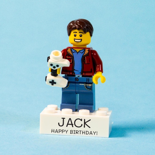 Personalised LEGO® Brick Minifig Custom Figure with Printed Stand: Fun Geeky Gift