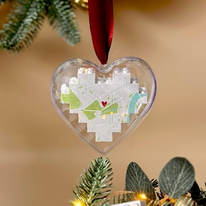 Spersonalizowana mapa LEGO® Brick 3D w formie wydruku z akrylu, bombka w kształcie serca, zaręczyny, prezent ślubny, rocznica, romantyczny, walentynkowy, pamiątka, nowy dom