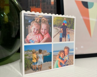 May include: A white photo collage with four images of children. The top left image shows two girls hugging. The top right image shows a family walking along a path. The bottom left image shows two children standing on a rocky beach. The bottom right image shows two children hugging on a beach.