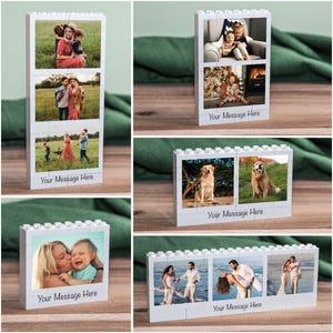 May include: White brick-style photo blocks displaying family photographs. One block features three photos, another two, and two others have a single photo. Each block has the text "Your Message Here" at the bottom.