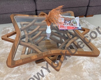 Tavolino da caffè in noce a forma di stella per soggiorno, tavolino da caffè personalizzato di grandi dimensioni, tavolino decorativo moderno con piano in vetro