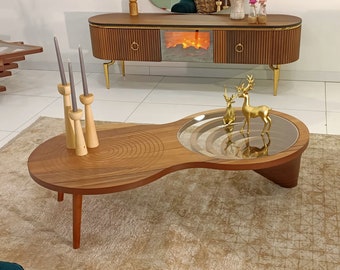 Tavolino da caffè in legno per soggiorno, tavolino da caffè grande in noce naturale, tavolo decorativo moderno progettato su misura con piano in vetro, arte in legno