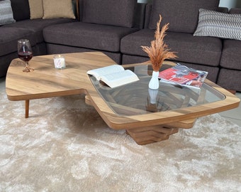 Elegant Walnut Coffee Table for Living Room, Large Ellipse Walnut Coffee Table, Modern Decorative Custom Table with Glass Top