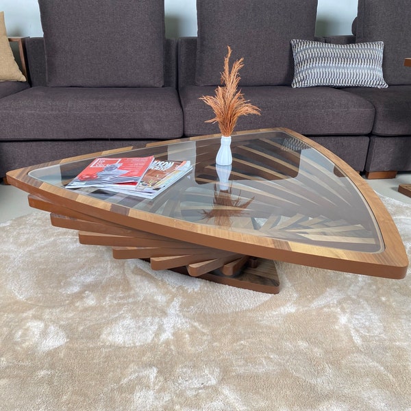 Natural Walnut Coffee Table for Living Room, Large Modern Wood Coffee Table, Triangular Decorative Custom Table with Glass Top