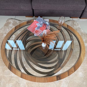 Ellipse Großer Couchtisch für Wohnzimmer, Couchtisch aus natürlichem Walnussholz, modernes, dekoratives, individuelles Design mit Glasplatte Bild 9