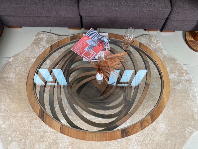 Ellipse Large Coffee Table for Living Room, Natural Walnut Coffee Table Modern Decorative Custom Design with Glass Top zdjęcie 9