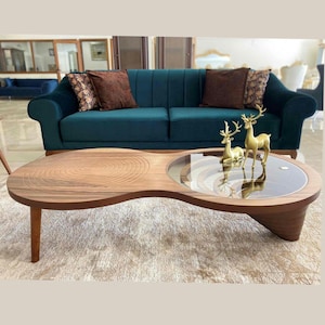 Natural Walnut Wood Coffee Table, Modern Custom Design Coffee Table With Glass Top, Solid Wood Art, Luxurious Large Rustic Coffee Table