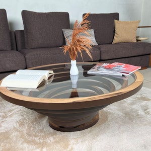 Natural Black/White Coffee Table for Living Room, Large Round Oval Wood Coffee Table, Modern Decorative Custom Table with Glass Top image 10