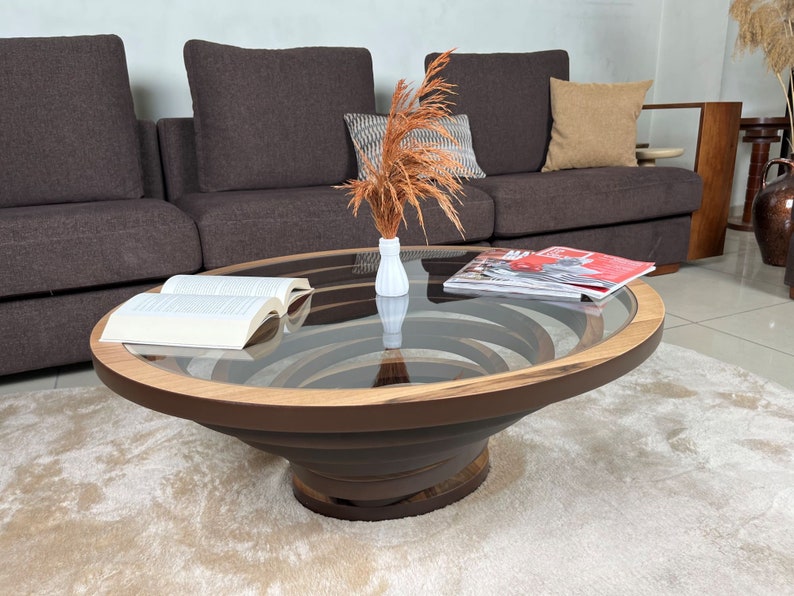 Natural Black/White Coffee Table for Living Room, Large Round Oval Wood Coffee Table, Modern Decorative Custom Table with Glass Top image 10