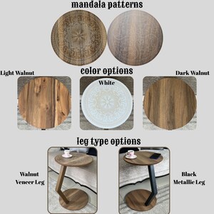 May include: Image showcasing side tables with different design options. It features mandala patterns, and colour choices like light and dark walnut, and white. Leg options include walnut veneer and black metallic. Tabletop diameter is approximately 40 cm.