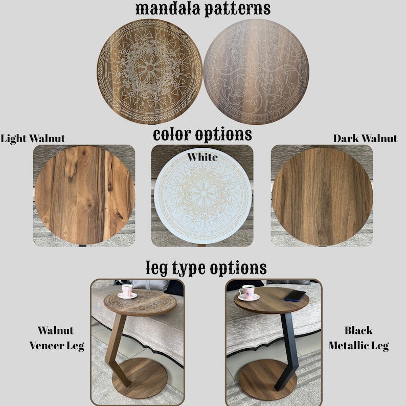 May include: Image showcasing side tables with different design options. It features mandala patterns, and colour choices like light and dark walnut, and white. Leg options include walnut veneer and black metallic. Tabletop diameter is approximately 40 cm.