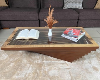 Rechthoekige notenhouten salontafel voor woonkamerdecoratie, grote salontafel met glazen blad, natuurlijk hout, moderne decoratieve tafel op maat