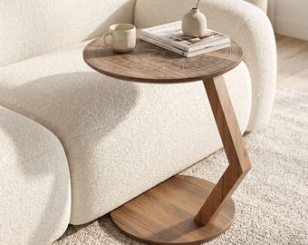 Walnut C-Shape Side Table: Minimalist Sofa Laptop Table