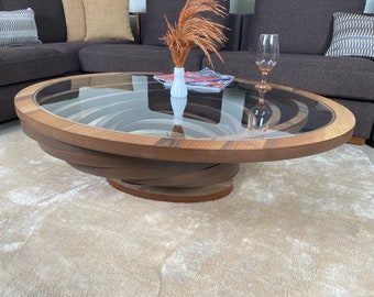 Ellipse grote salontafel voor de woonkamer, salontafel van natuurlijk notenhout, modern decoratief ontwerp op maat met glazen blad