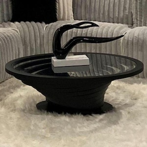 Natural Black/White Coffee Table for Living Room, Large Round Oval Wood Coffee Table, Modern Decorative Custom Table with Glass Top