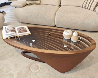 Ellipse Glass Top Coffee Table: Natural Walnut, Modern Design