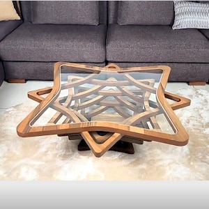Unique Walnut Coffee Table Star Design for Living Room, Modern Large Custom Center Table, Decorative Coffee Table with Glass Top Tea Table