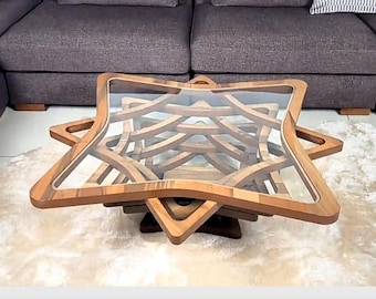Walnut Star Coffee Table: Modern Glass Top Center Table