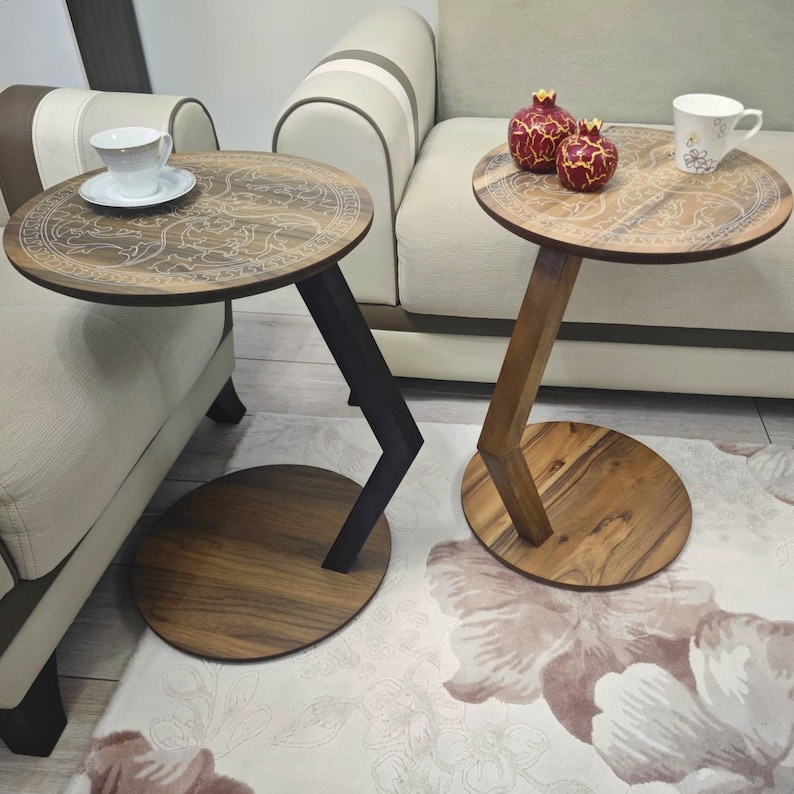 c table for sofa end table, u shape under couch table, round walnut coffee table for small space living room computer table, laptop stand table wooden leg