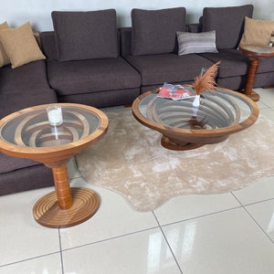 Ellipse Large Coffee Table for Living Room, Natural Walnut Coffee Table Modern Decorative Custom Design with Glass Top image 10