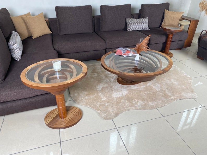 Ellipse Large Coffee Table for Living Room, Natural Walnut Coffee Table Modern Decorative Custom Design with Glass Top image 10