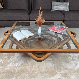 Square Walnut Coffee Table with Glass Top & Matching Side Table