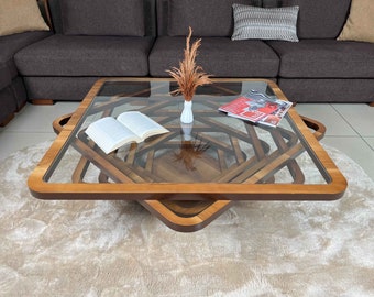 Square Large Coffee Table With Glass Top and Modern Matching Side Table , Natural Walnut Coffee Table for Living Room - Mother's Day Gift