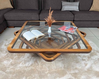 Square Walnut Coffee Table with Glass Top & Matching Side Table