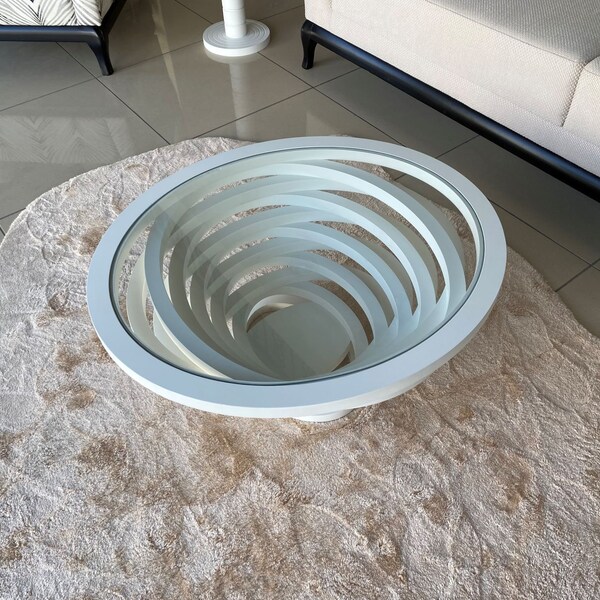 White Wood Coffee Table for Living Room, Large Ellipse Coffee Table, Modern Decorative Custom Table with Glass Top