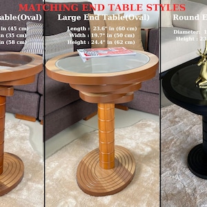 Peut inclure: Trois tables d'appoint sont pr&eacute;sent&eacute;es. La petite table ovale mesure 45 cm de long, 35 cm de large et 58 cm de haut. La grande table ovale mesure 60 cm de long, 50 cm de large et 62 cm de haut. La table ronde a un diam&egrave;tre de 45 cm et une hauteur de 60 cm.