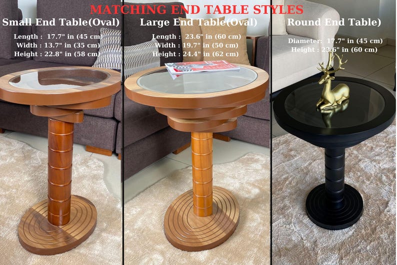 Peut inclure: Trois tables d'appoint sont pr&eacute;sent&eacute;es. La petite table ovale mesure 45 cm de long, 35 cm de large et 58 cm de haut. La grande table ovale mesure 60 cm de long, 50 cm de large et 62 cm de haut. La table ronde a un diam&egrave;tre de 45 cm et une hauteur de 60 cm.
