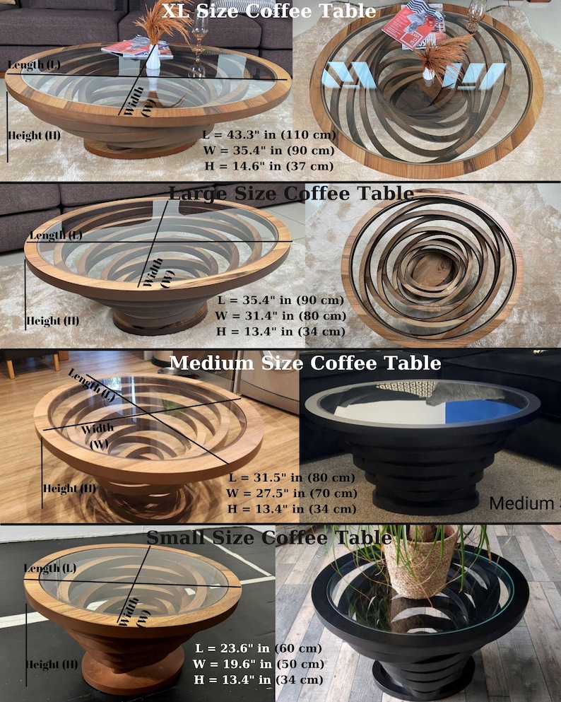 Peut inclure: Ensemble de quatre tables basses de diff&eacute;rentes tailles, chacune avec un design en spirale unique. La table XL mesure 110 cm de long, 90 cm de large et 37 cm de haut. Les tables ont des plateaux en verre et des bases en bois.