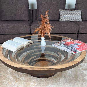 Tavolino da salotto in noce naturale, tavolino grande rotondo ovale in legno, tavolo decorativo moderno personalizzato con piano in vetro Walnut