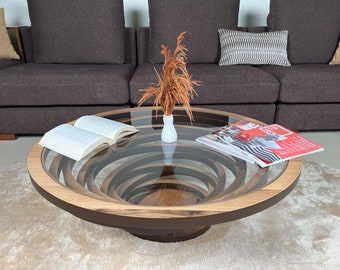 Ovaler Holz Couchtisch für Wohnzimmer, Großer Ellipse Nussbaum Couchtisch, Moderner Dekorativer Tisch mit Glasplatte