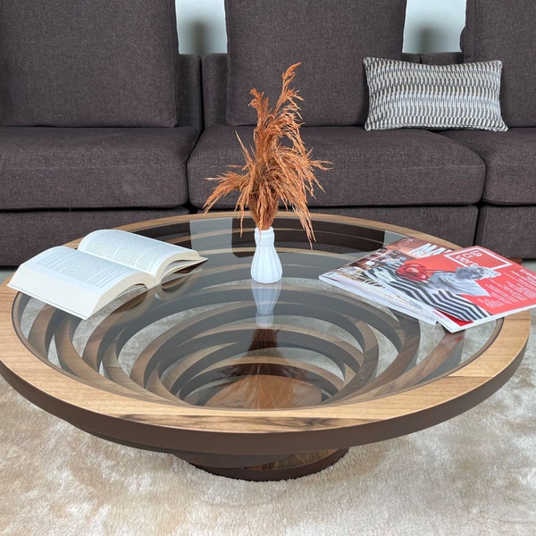 Ovale houten salontafel voor de woonkamer, grote ellips walnoot salontafel, moderne decoratieve aangepaste tafel met glazen blad